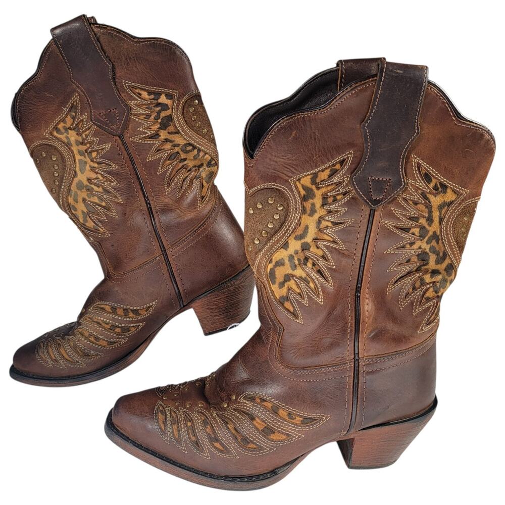Laredo Women’s Classic Cowboy Boots Size 6M Brown Leather Leopard Inlay Western